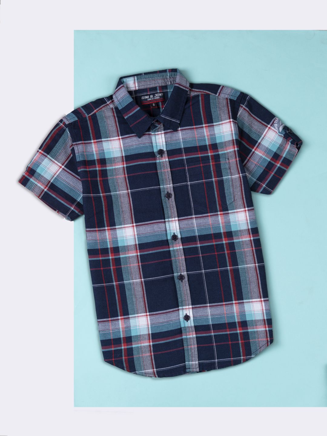 Boys dark blue woven checkered half sleeve shirt