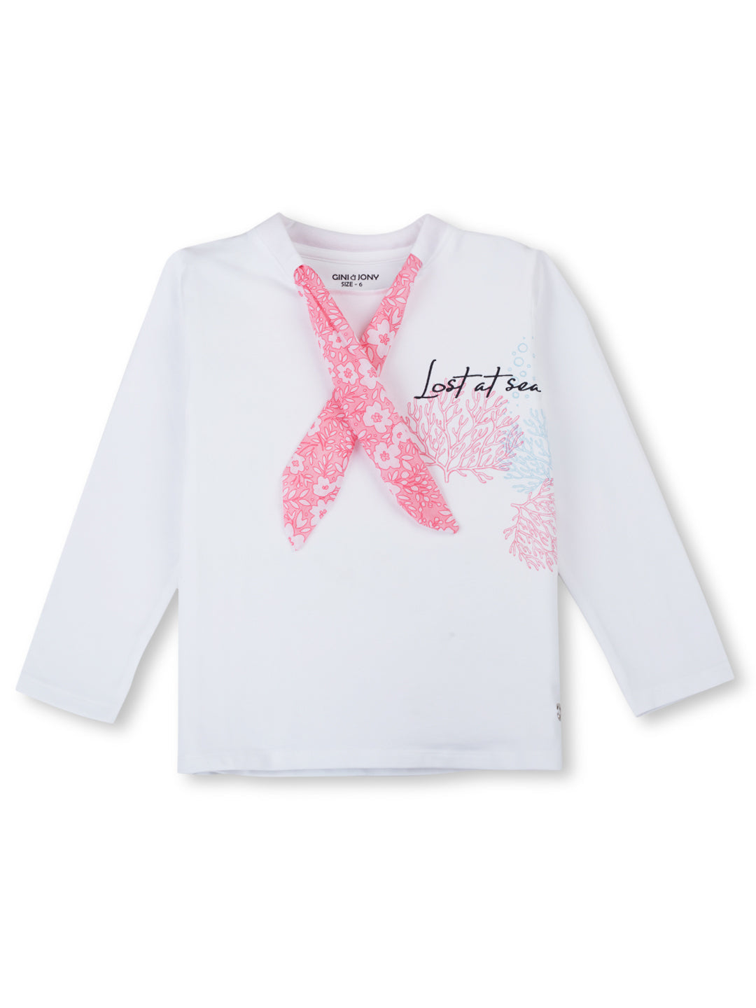 Girls White Graphic Print Cotton Knits Top Full Sleeves