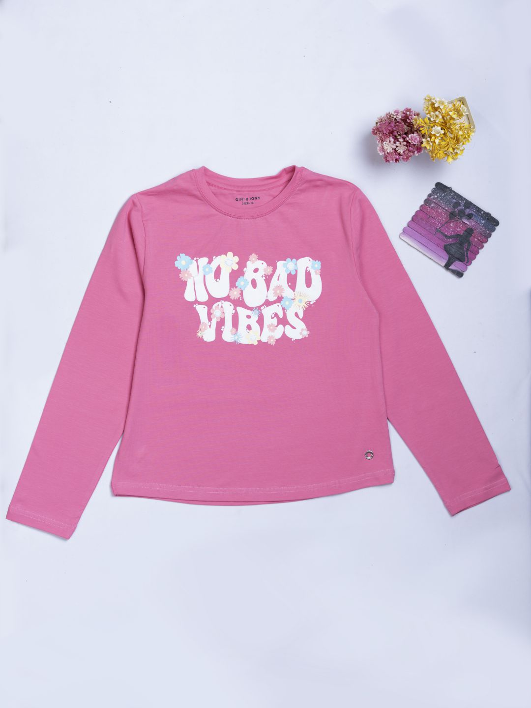 Girls Pink Printed Cotton Full Sleeves Knits Top