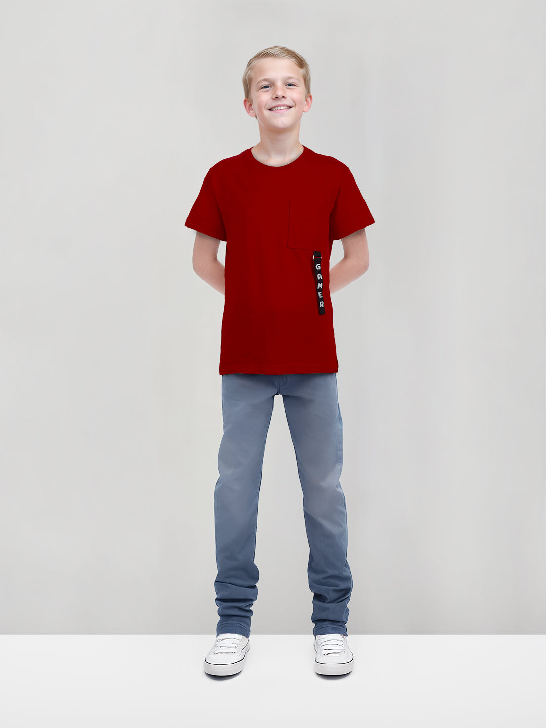 Boys Red Round Neck Knitted Cotton Printed T-Shirt