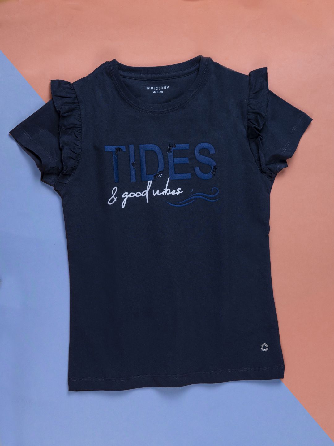 Girls blue round neck knitted cotton embroidered top.