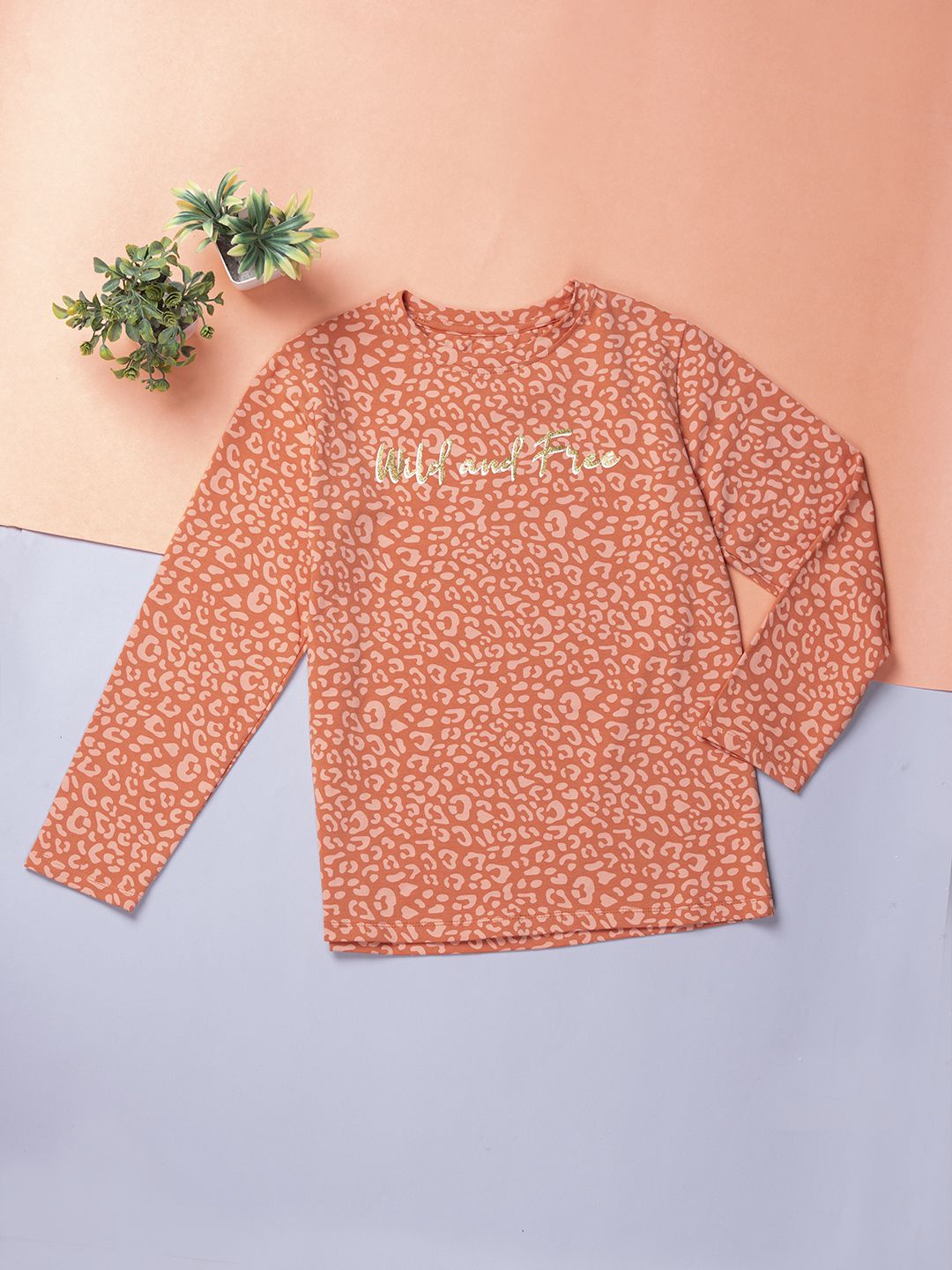 Girls Orange Printed Cotton Full Sleeves Knits Top