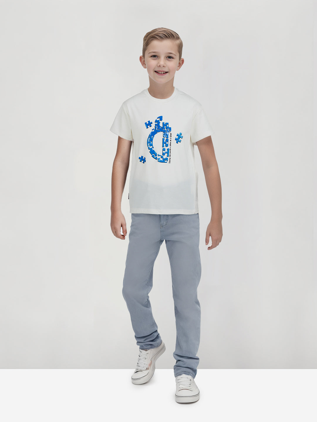 Boys White Printed Cotton Half Sleeves T-Shirt