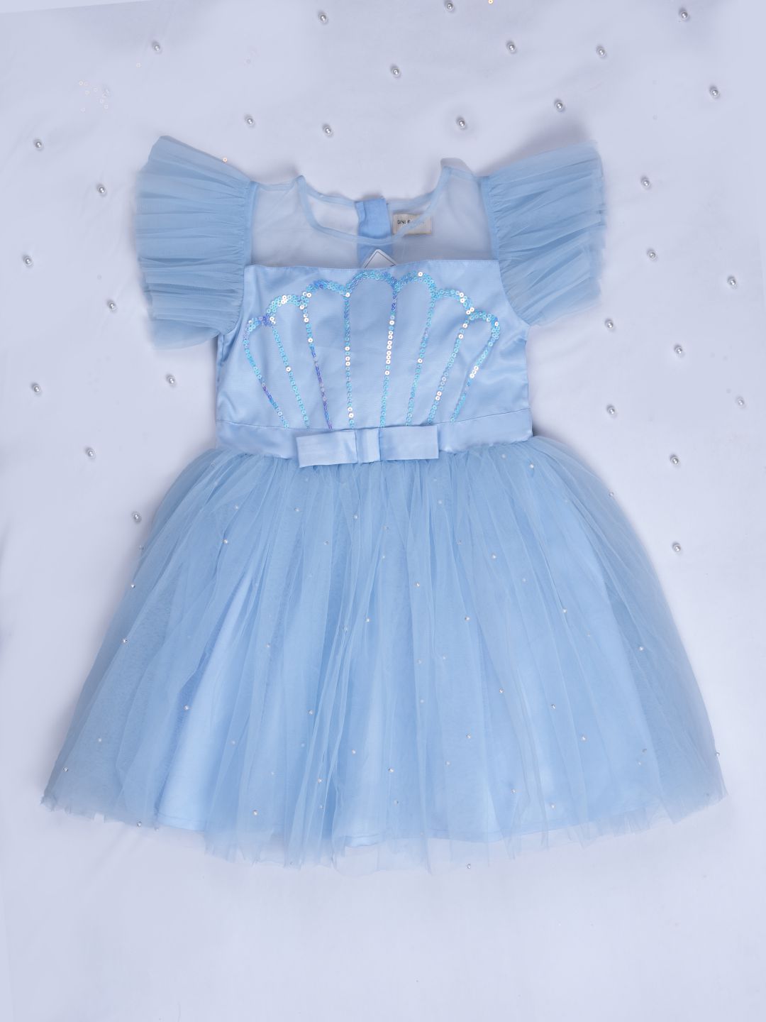 Girls blue party wear sequinned dress with lining.
