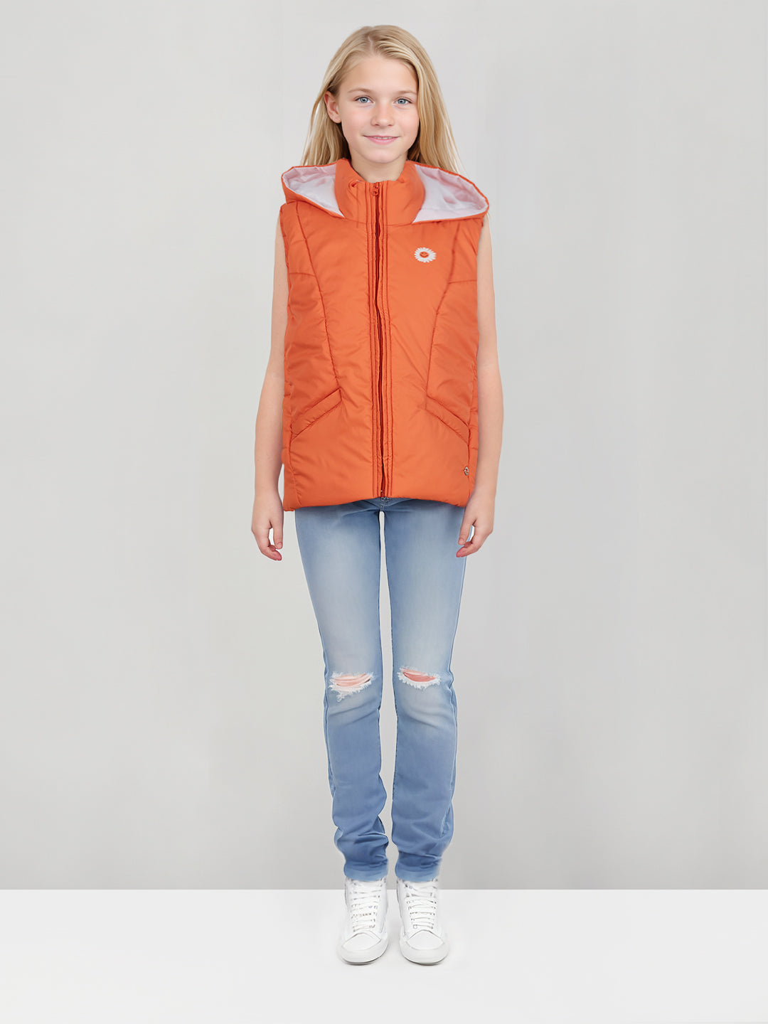 Girls Orange Solid Polyster Full Sleeves Heavy Winter Jacket