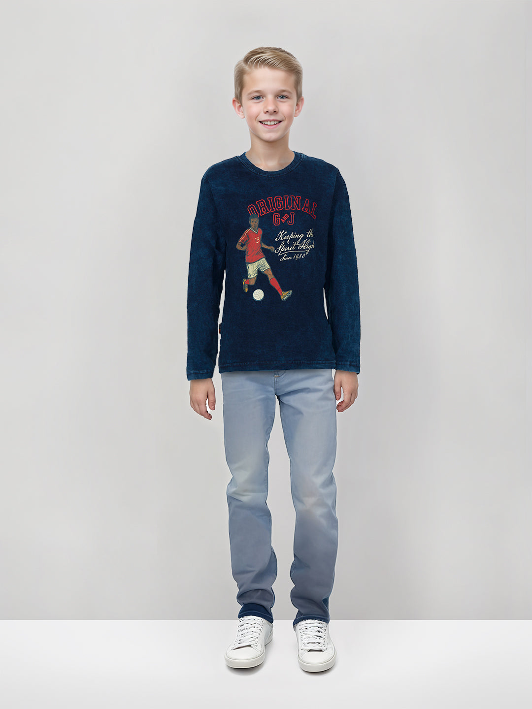 Boys Blue Solid Cotton Full Sleeves T-Shirt