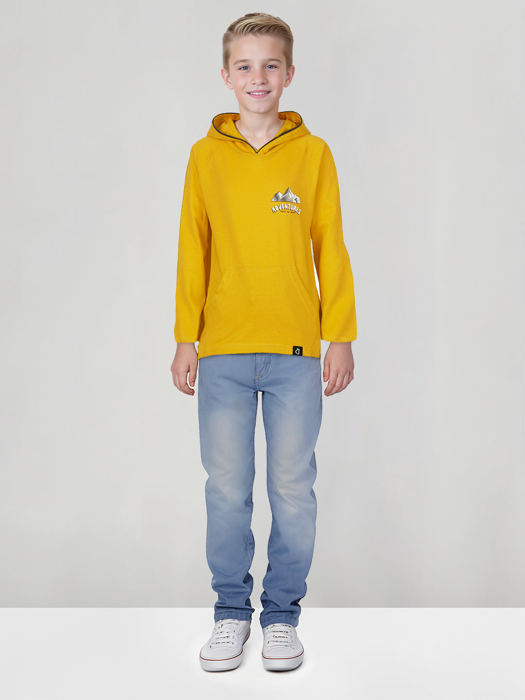 Boys Yellow Solid Cotton Full Sleeves T-Shirt