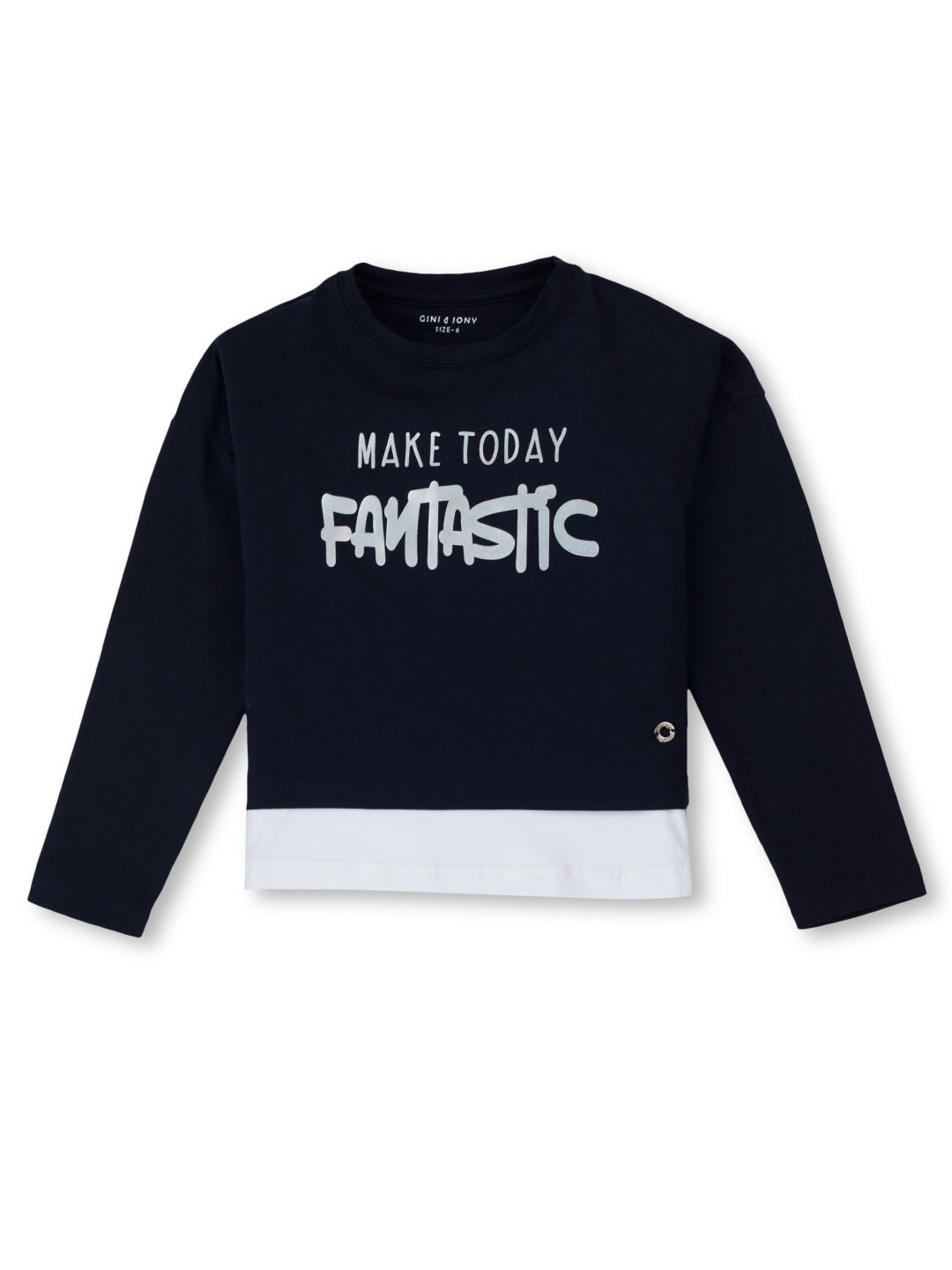 Girls Navy Blue Typographic Print Cotton Knits Top Full Sleeves