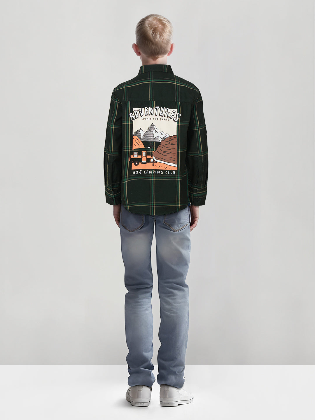 Boys green woven checkered full sleeve shirt with print