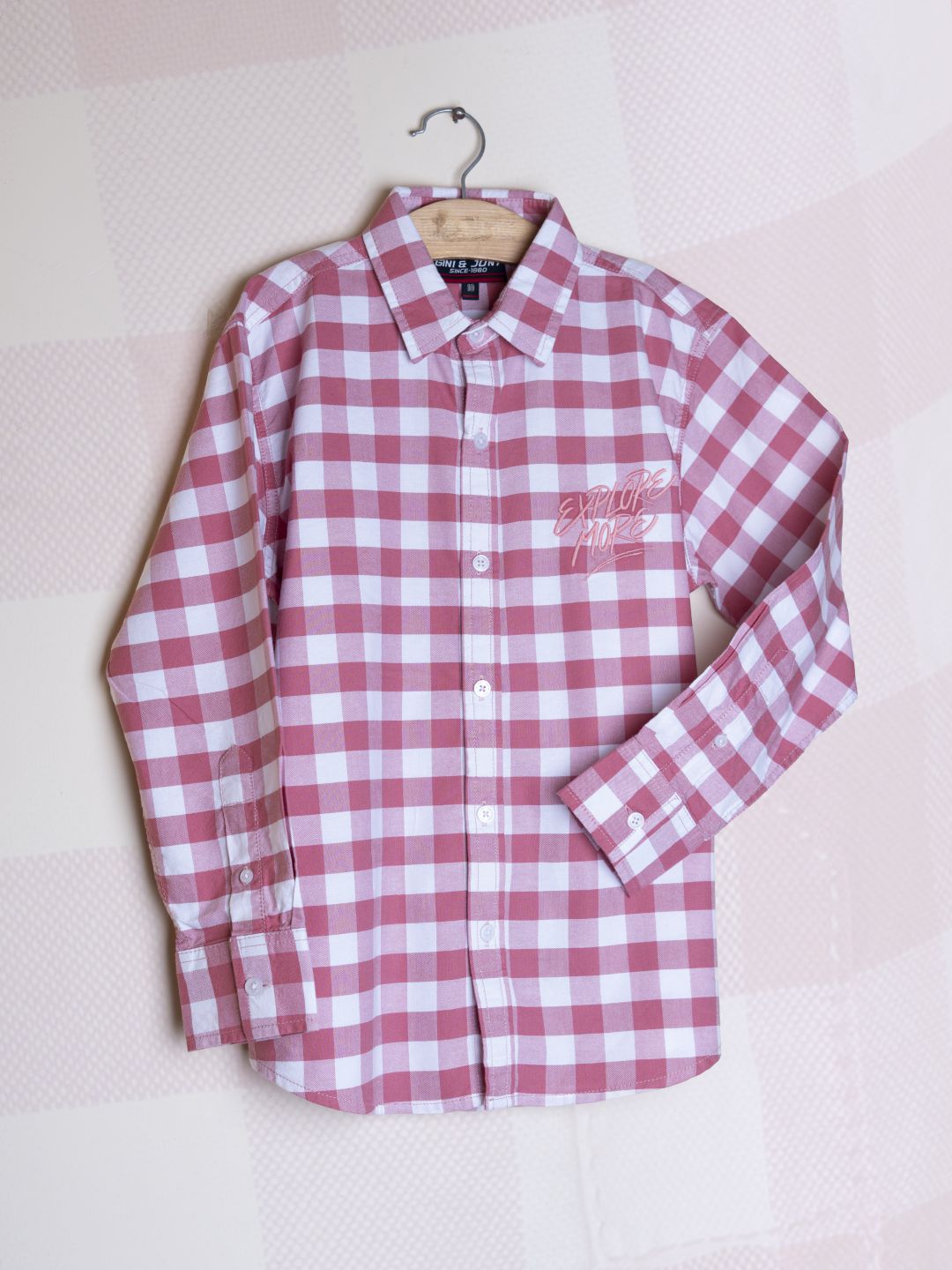 Boys pink woven full sleeve checkered shirt