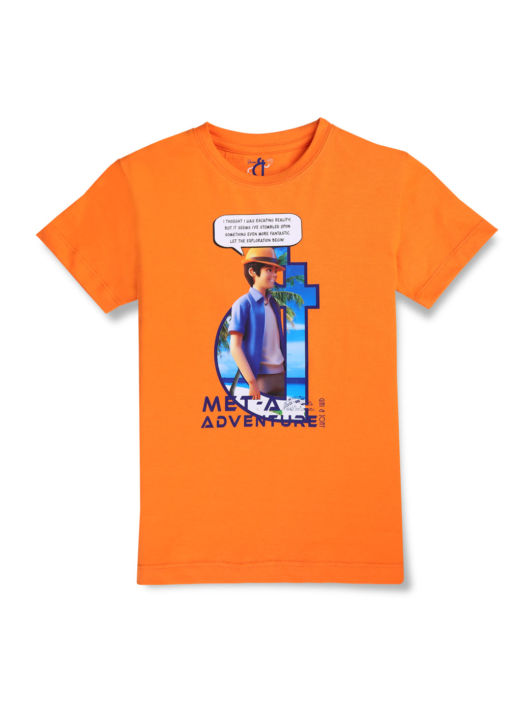 Boys Orange Digital Print Cotton T-Shirt Half Sleeves