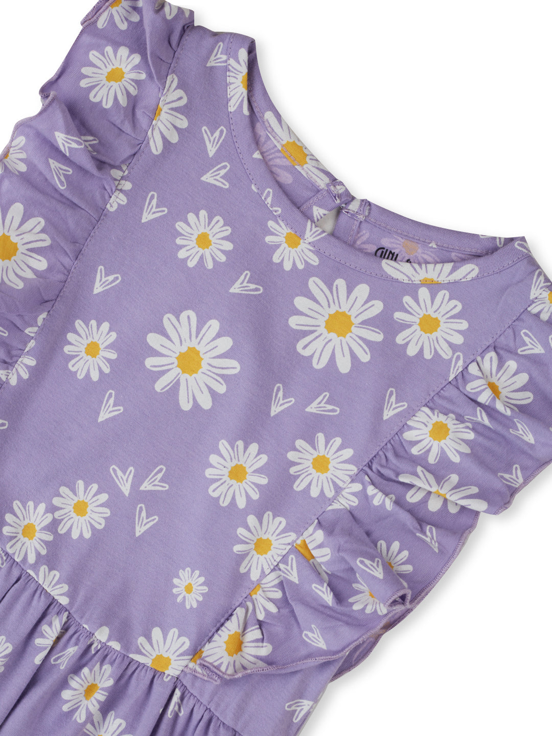 Girls Purple Floral Print Cotton Dress Half Sleeves