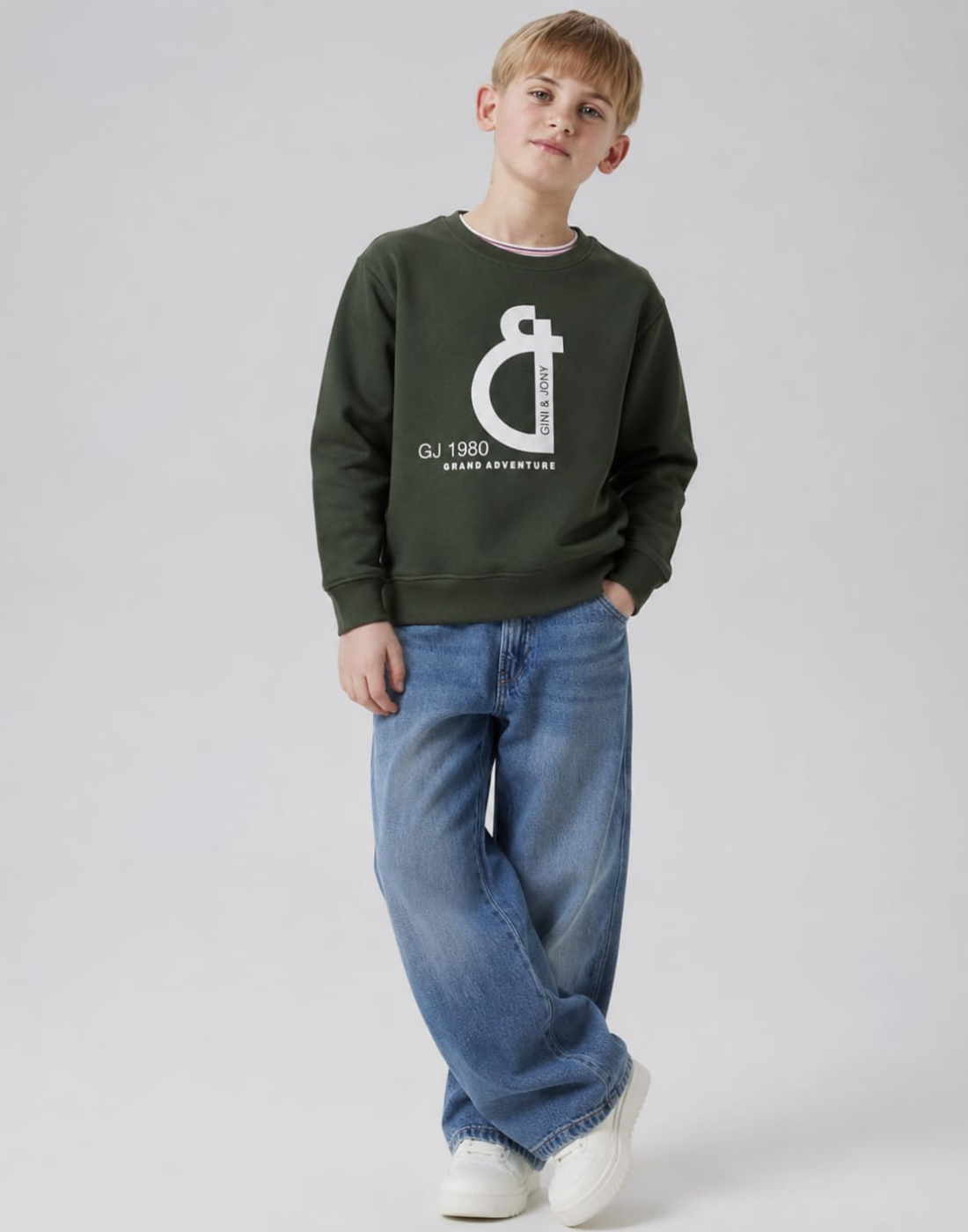 Boys Olive Typographic Print Full Sleeve Sweat Shirt