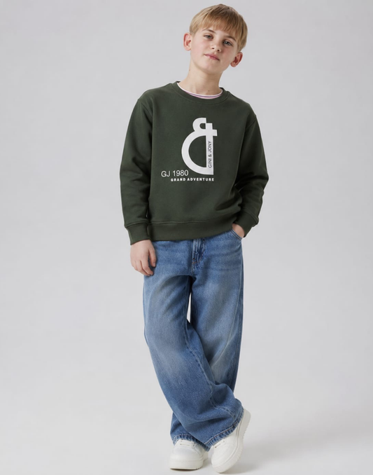 Boys Olive Typographic Print Full Sleeve Sweat Shirt