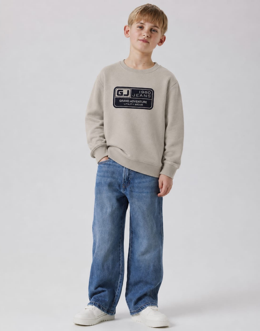 Boys Beige Typographic Print Full Sleeve Sweat Shirt