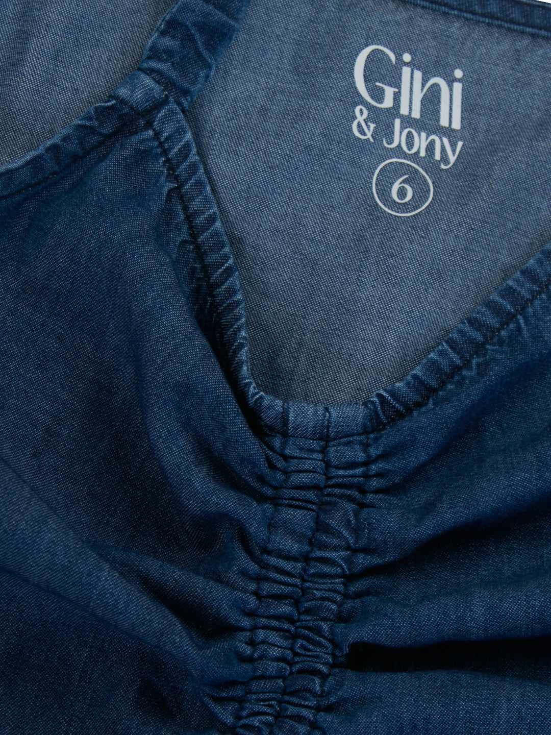 Girls Blue Solid Denim Top Half Sleeves