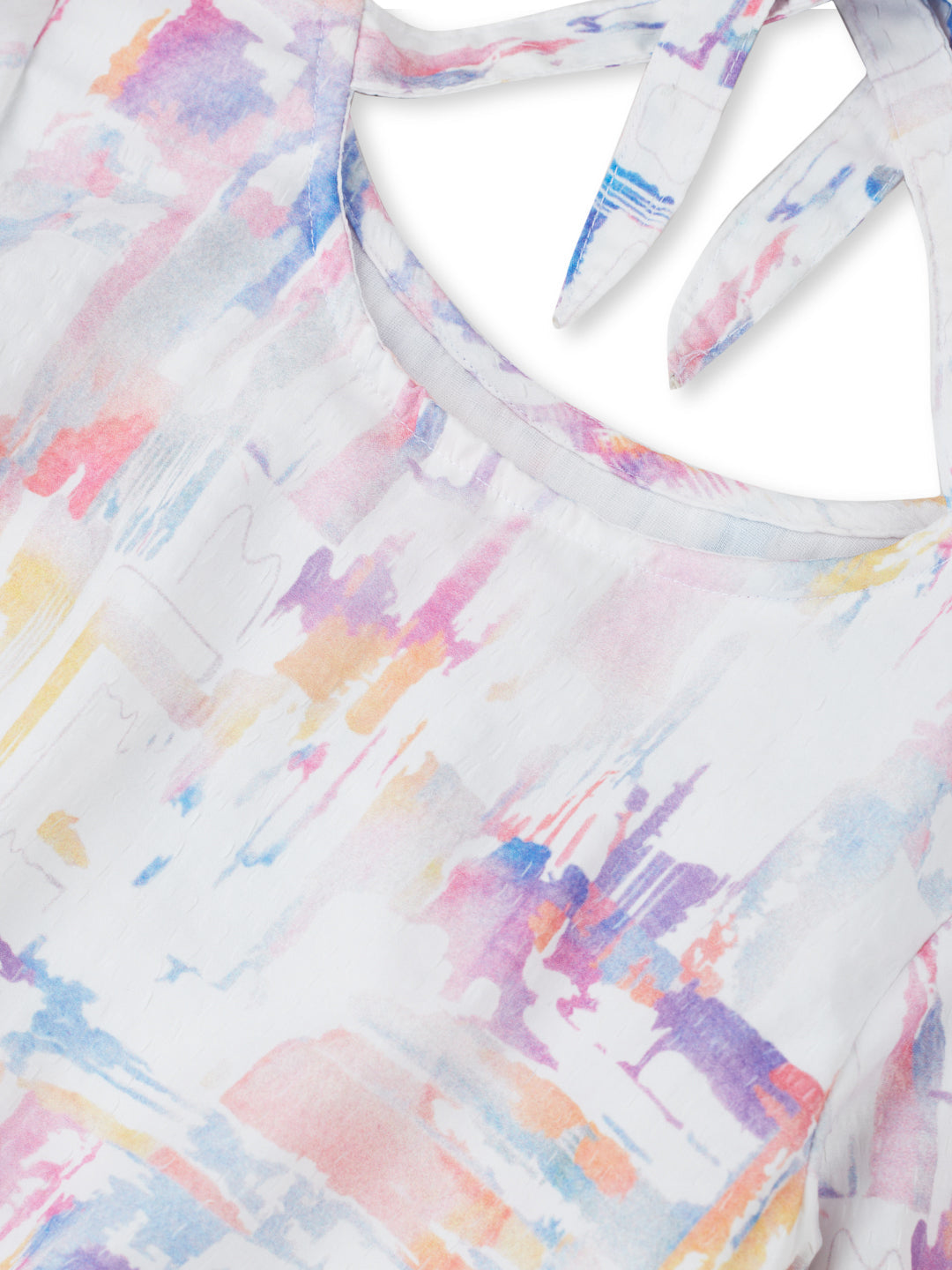 Girls White Tie Dye Cotton Woven Top Half Sleeves