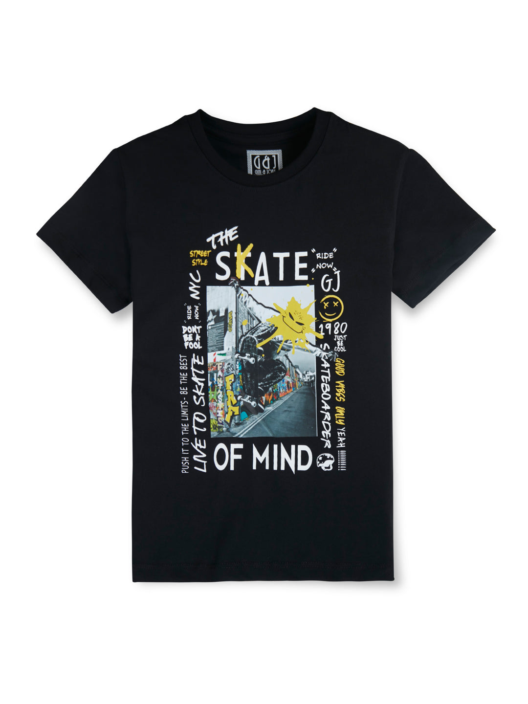 Boys Black Graphic Print Cotton T-Shirt Half Sleeves