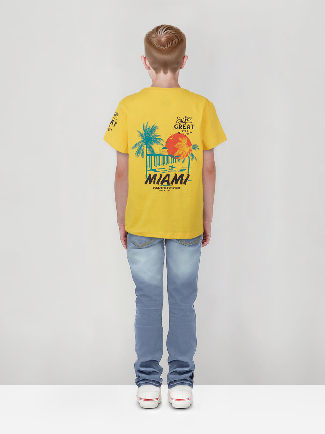 Boys Yellow Graphic Print Cotton T-Shirt Half Sleeves