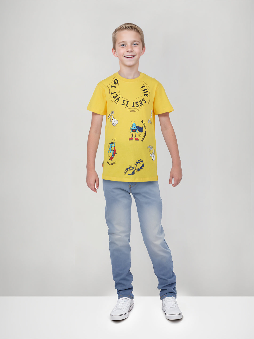 Boys Yellow Printed Cotton Half Sleeves T-Shirt
