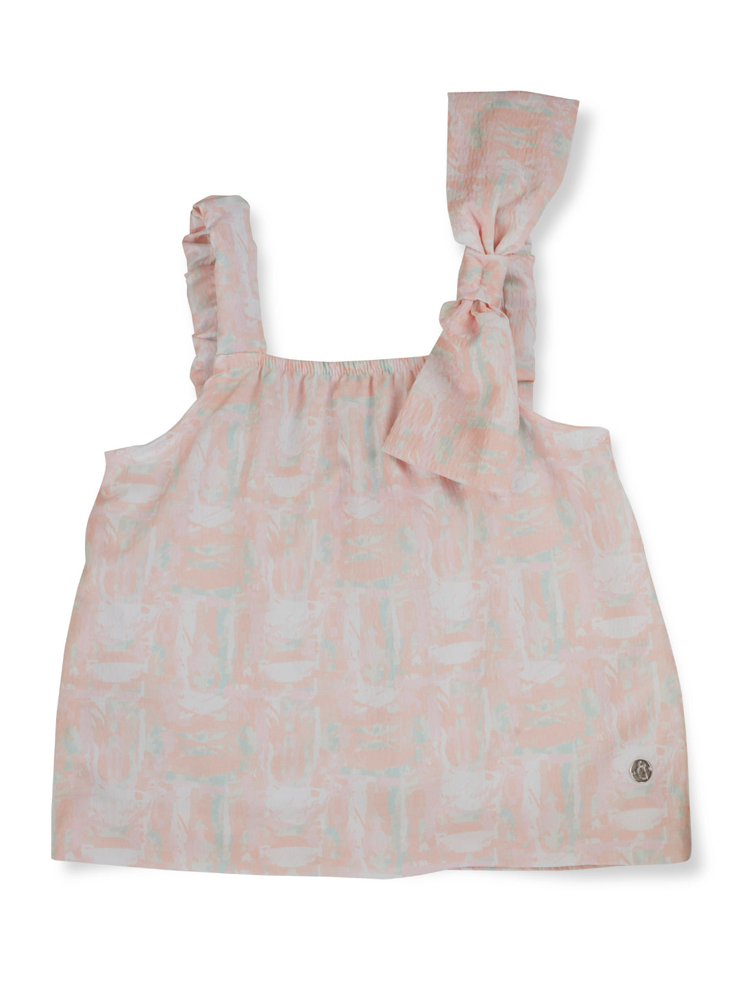 Girls Peach Abstract Crepe Woven Top Half Sleeves