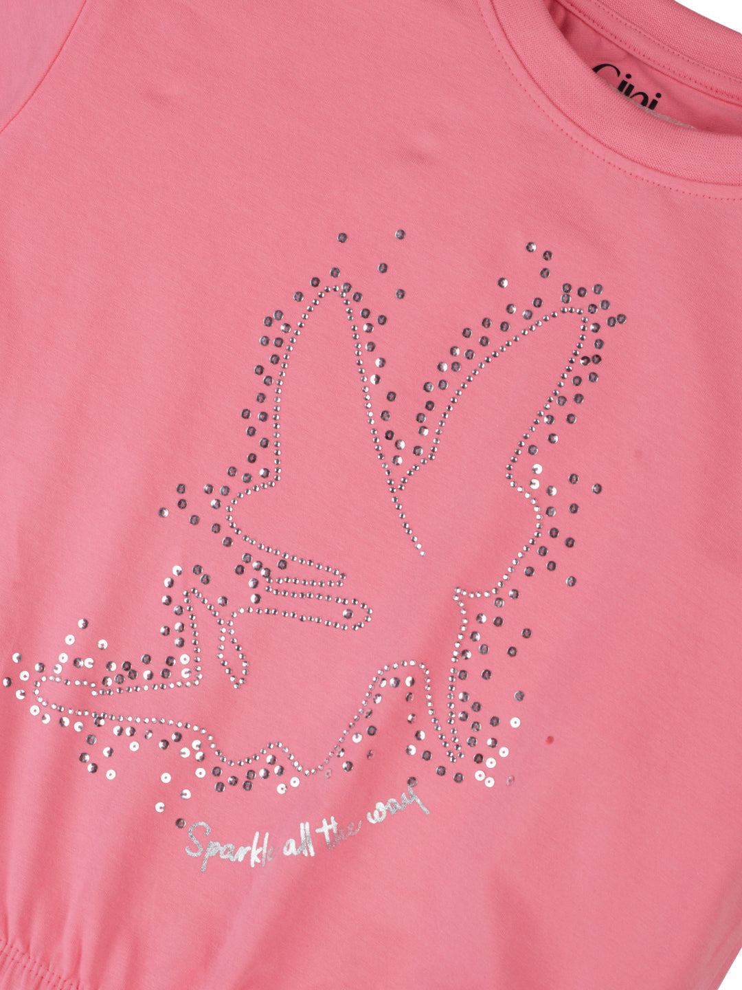 Girls Pink Embellished Cotton Knits Top Half Sleeves