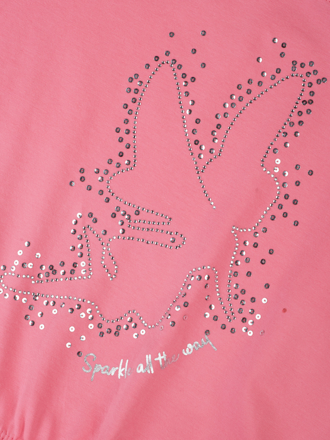 Girls Pink Embellished Cotton Knits Top Half Sleeves