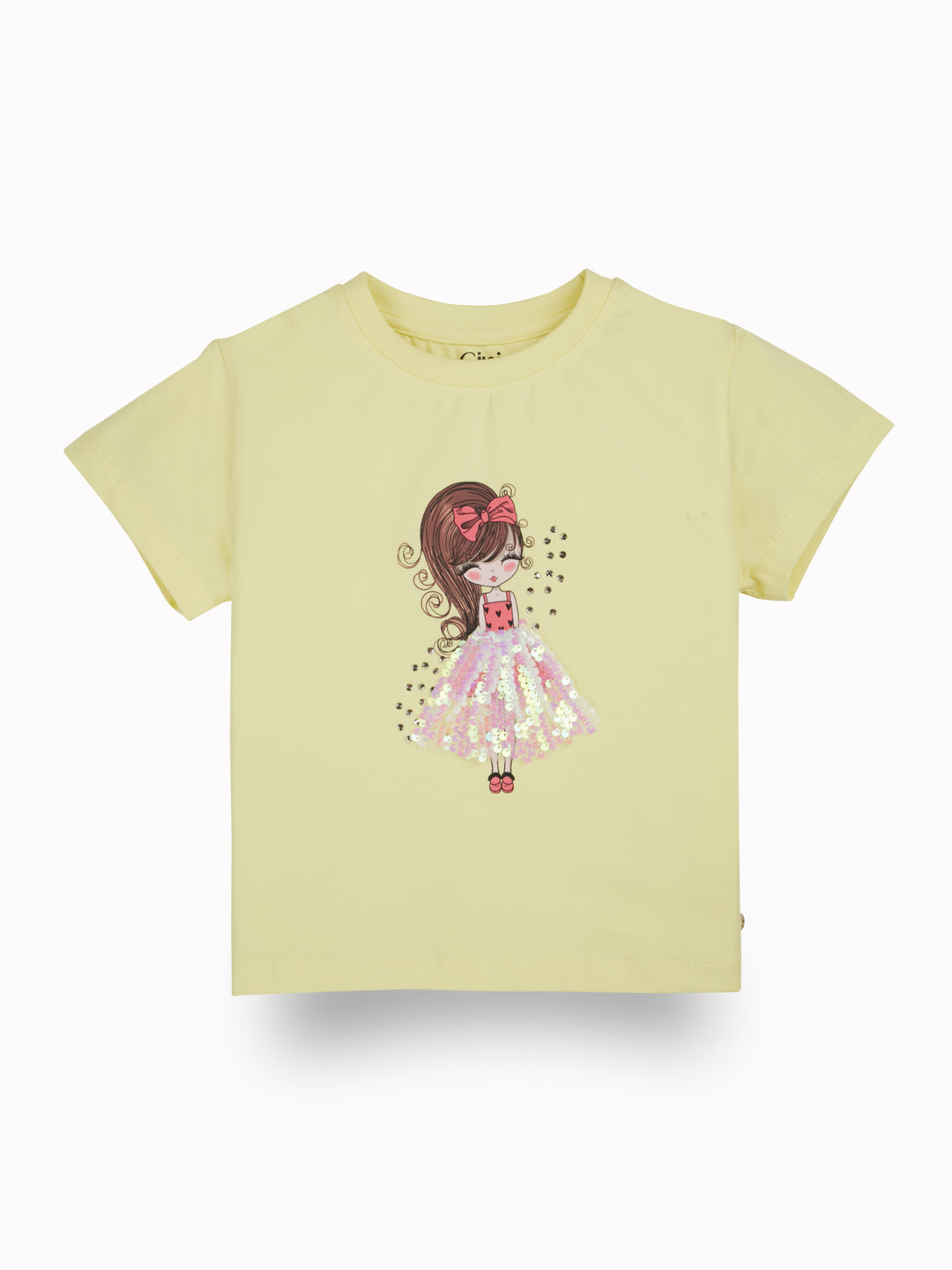 Girls Yellow Applique Cotton Knits Top Half Sleeves