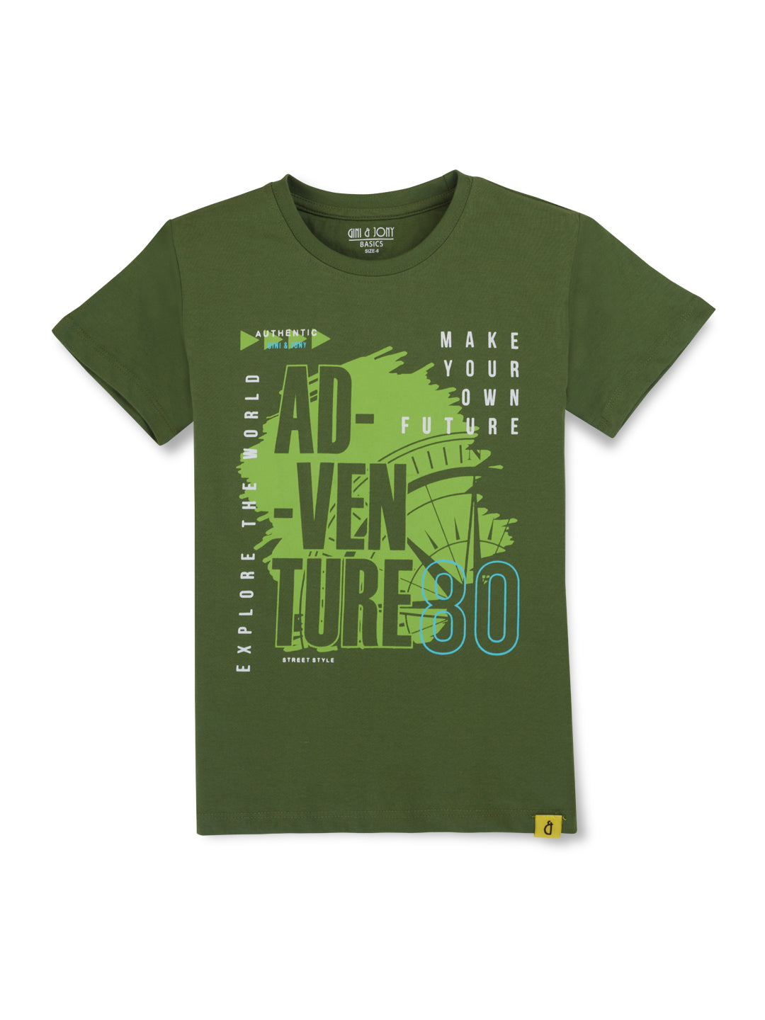 Boys Olive Typographic Print Cotton T-Shirt Half Sleeves