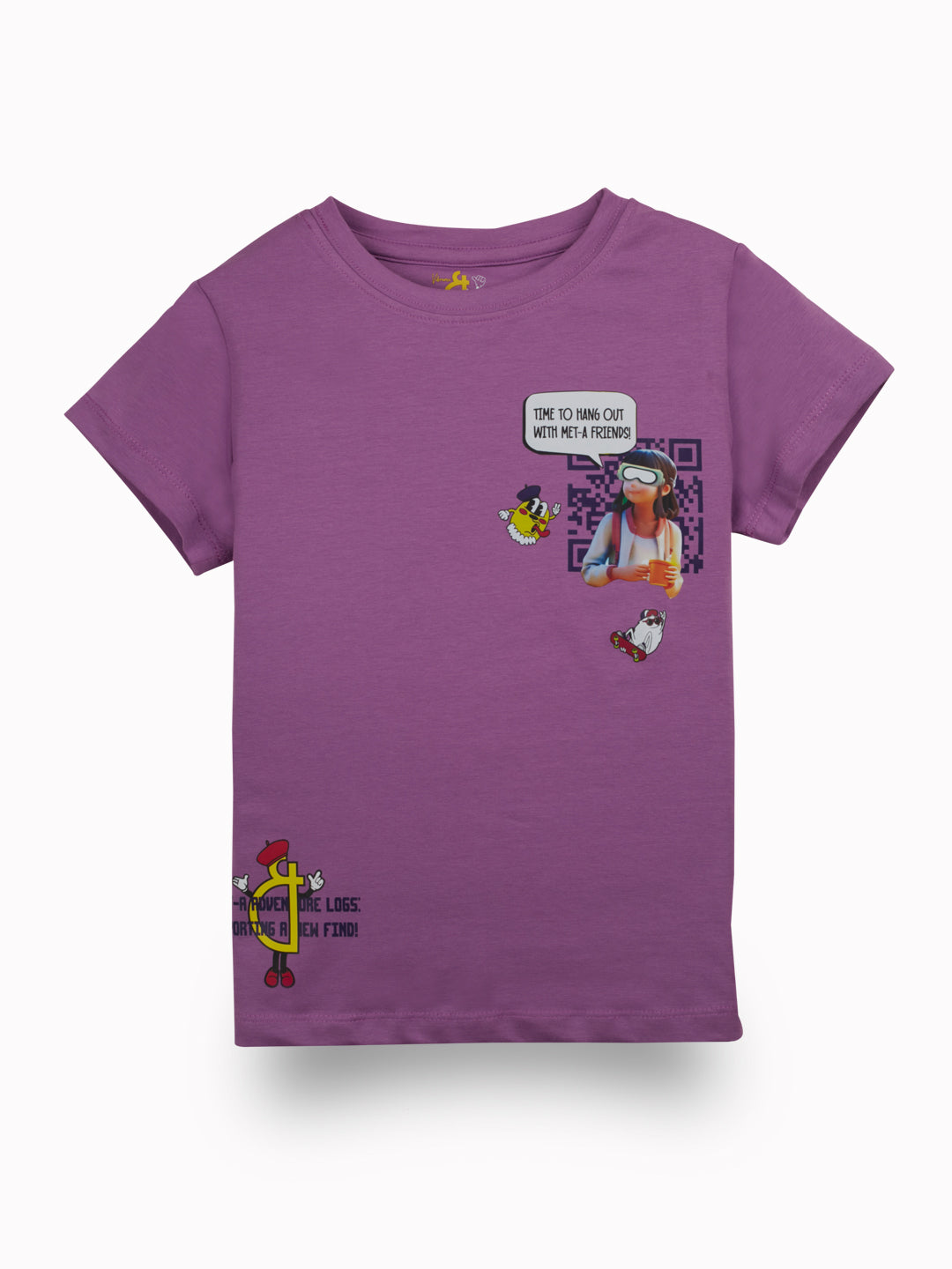 Girls Purple Digital Print Cotton Knits Top Half Sleeves