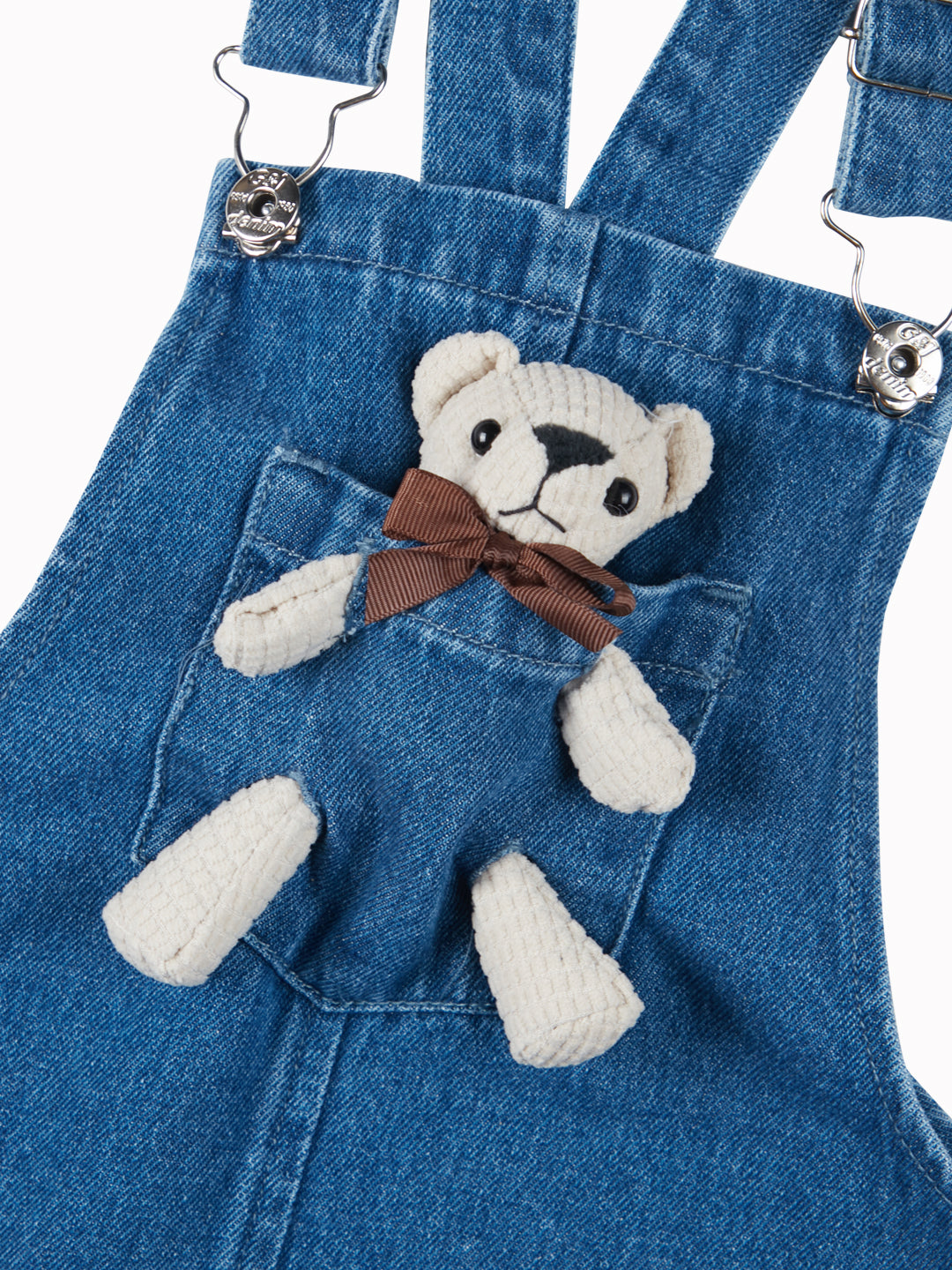 Girls Blue Applique Denim Dungaree Half Sleeves