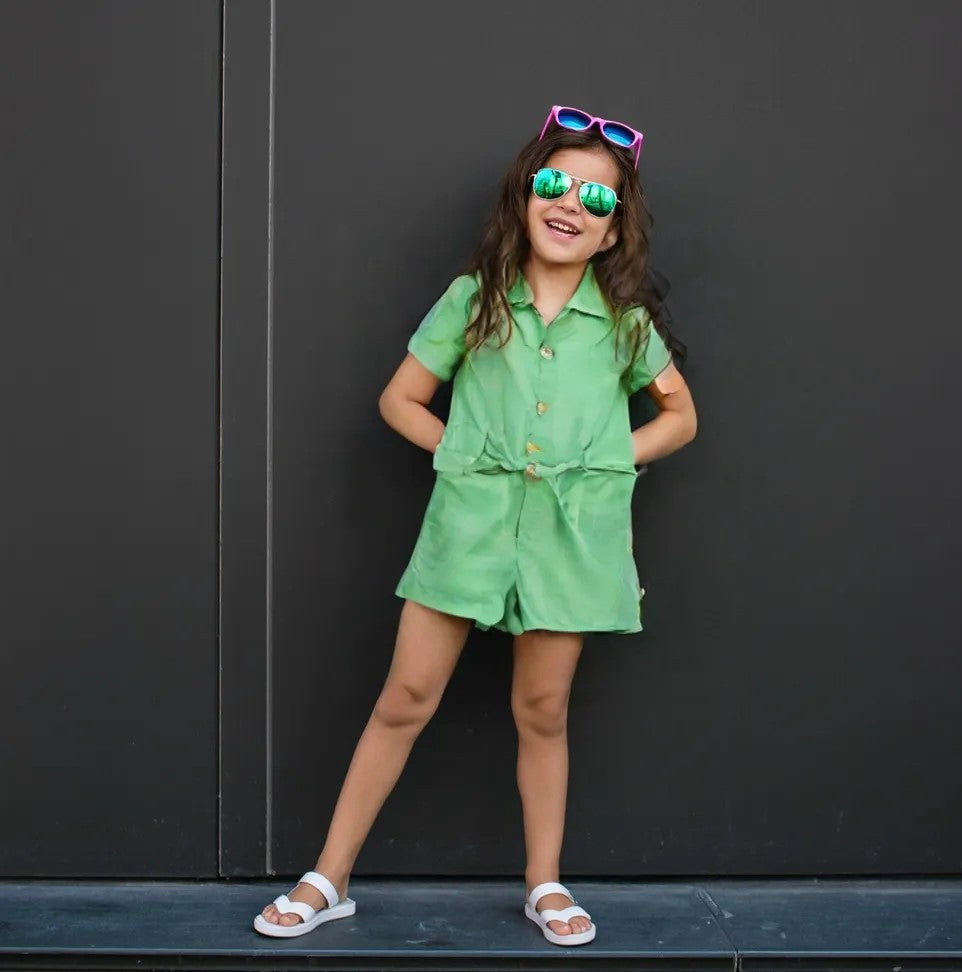 Girls Green Solid Cotton Jumpsuit Half Sleeves