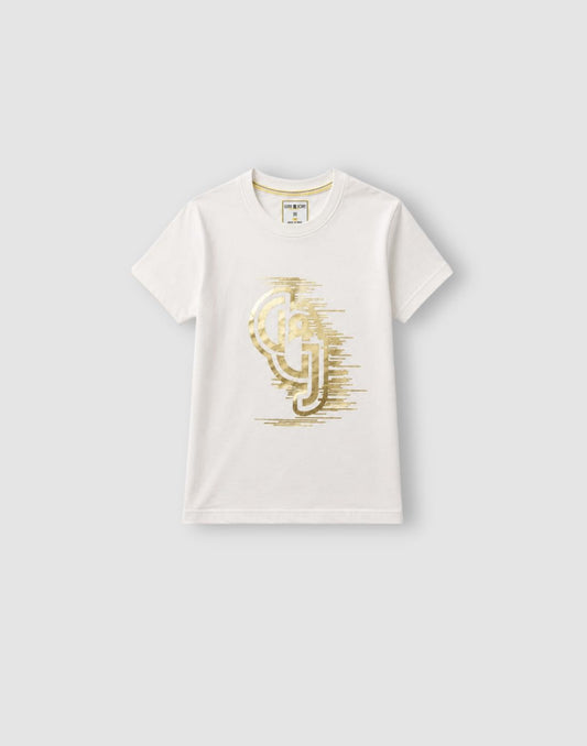 Boys White Metallic Print T-Shirts
