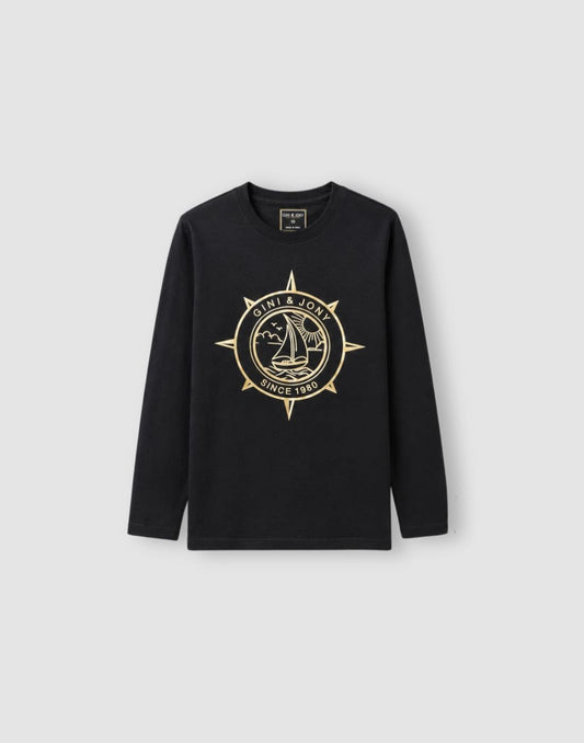 Boys Black Metallic Print T-Shirts