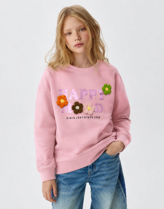 Girls Pink Applique Full Sleeve Sweat Shirt