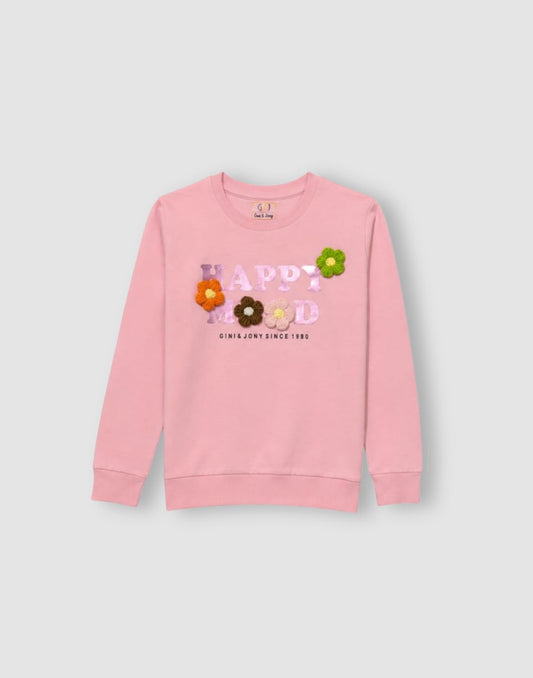 Girls Pink Applique Full Sleeve Sweat Shirt