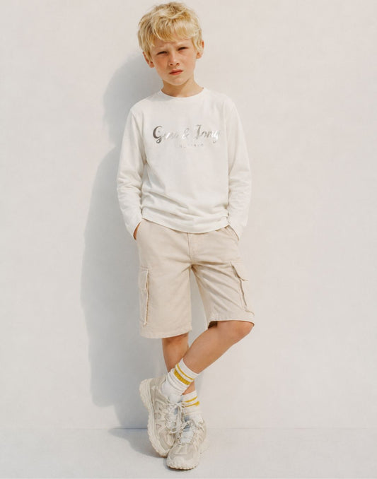 Girls White Metallic Print Full Sleeve Knits Top