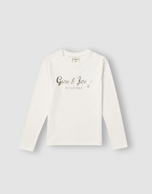 Girls White Metallic Print Full Sleeve Knits Top