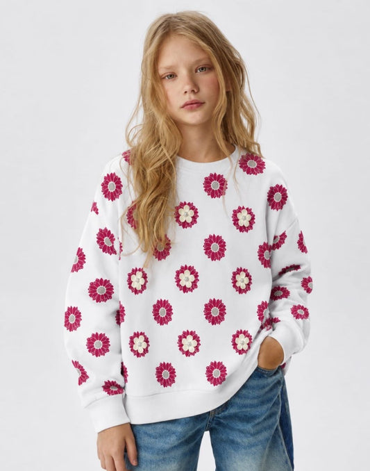 Girls White Floral Full Sleeve Knits Top