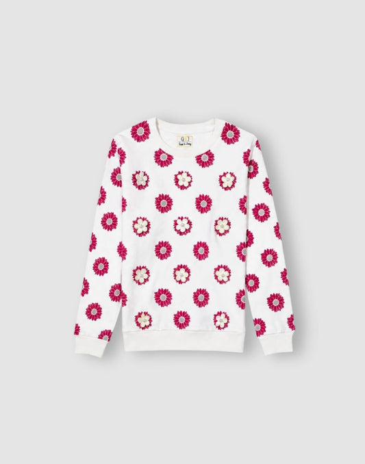 Girls White Floral Full Sleeve Knits Top
