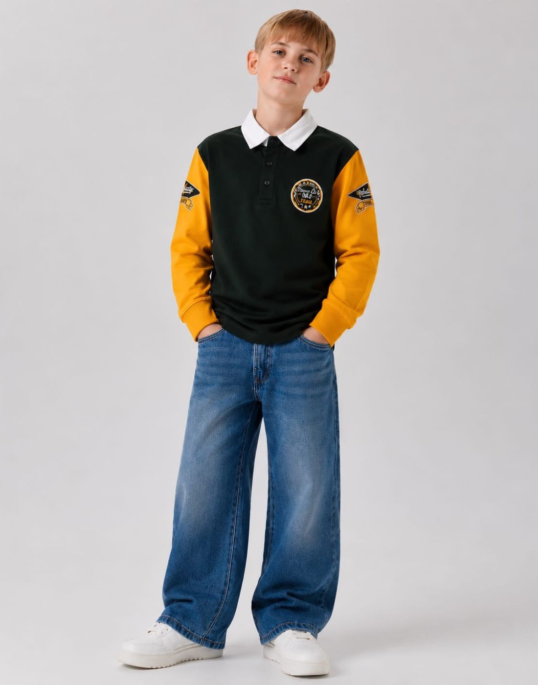 Boys Olive Cotton Color Block Polo T-Shirt