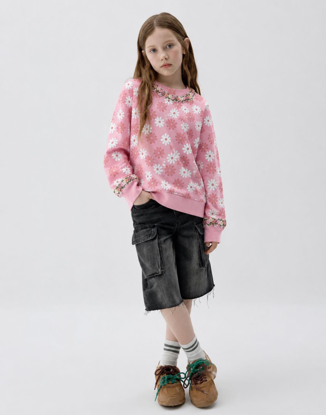 Girls Pink Floral Cotton Sweatshirt