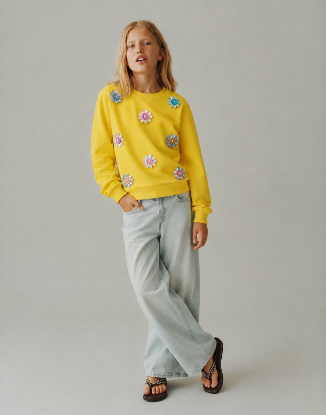 Girls Yellow Sequin Full Sleeve Sweat Shirt