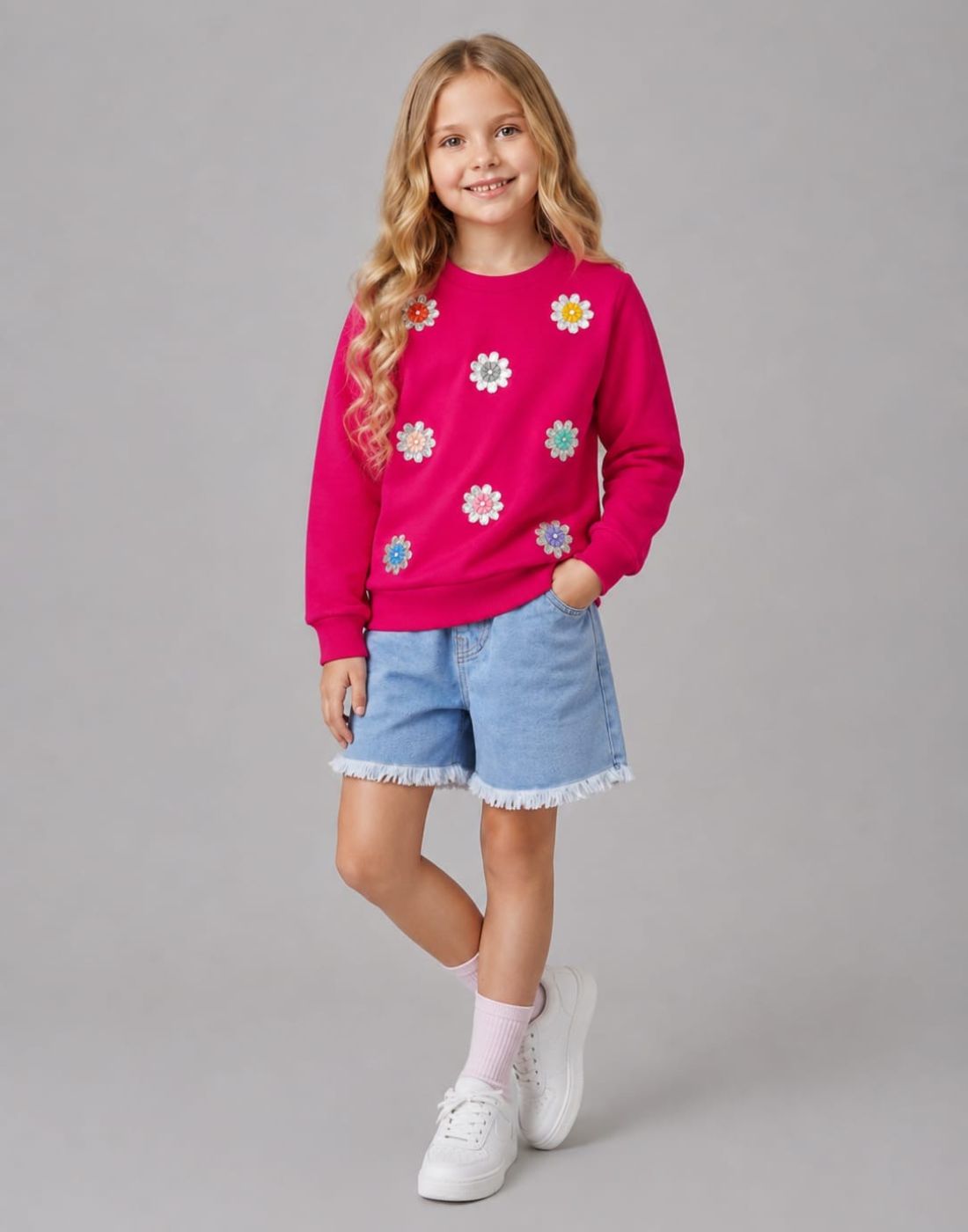 Girls Pink Sequin Full Sleeve Sweat Shirt
