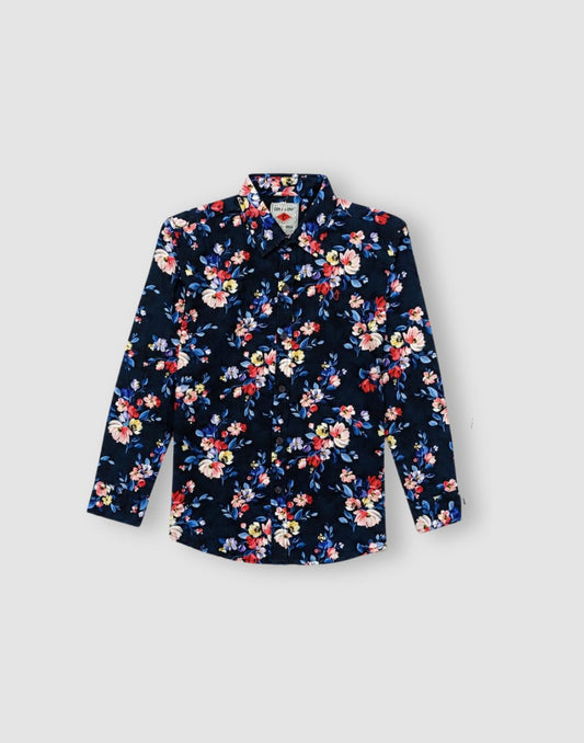 Boys Navy Blue Floral Full Sleeve Shirt