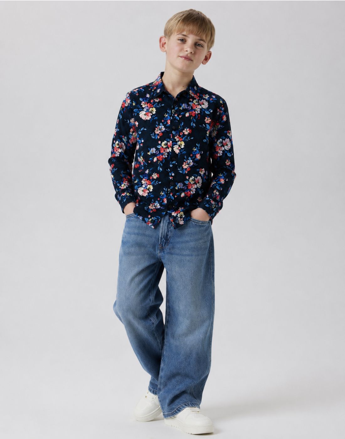 Boys Navy Blue Floral Full Sleeve Shirt