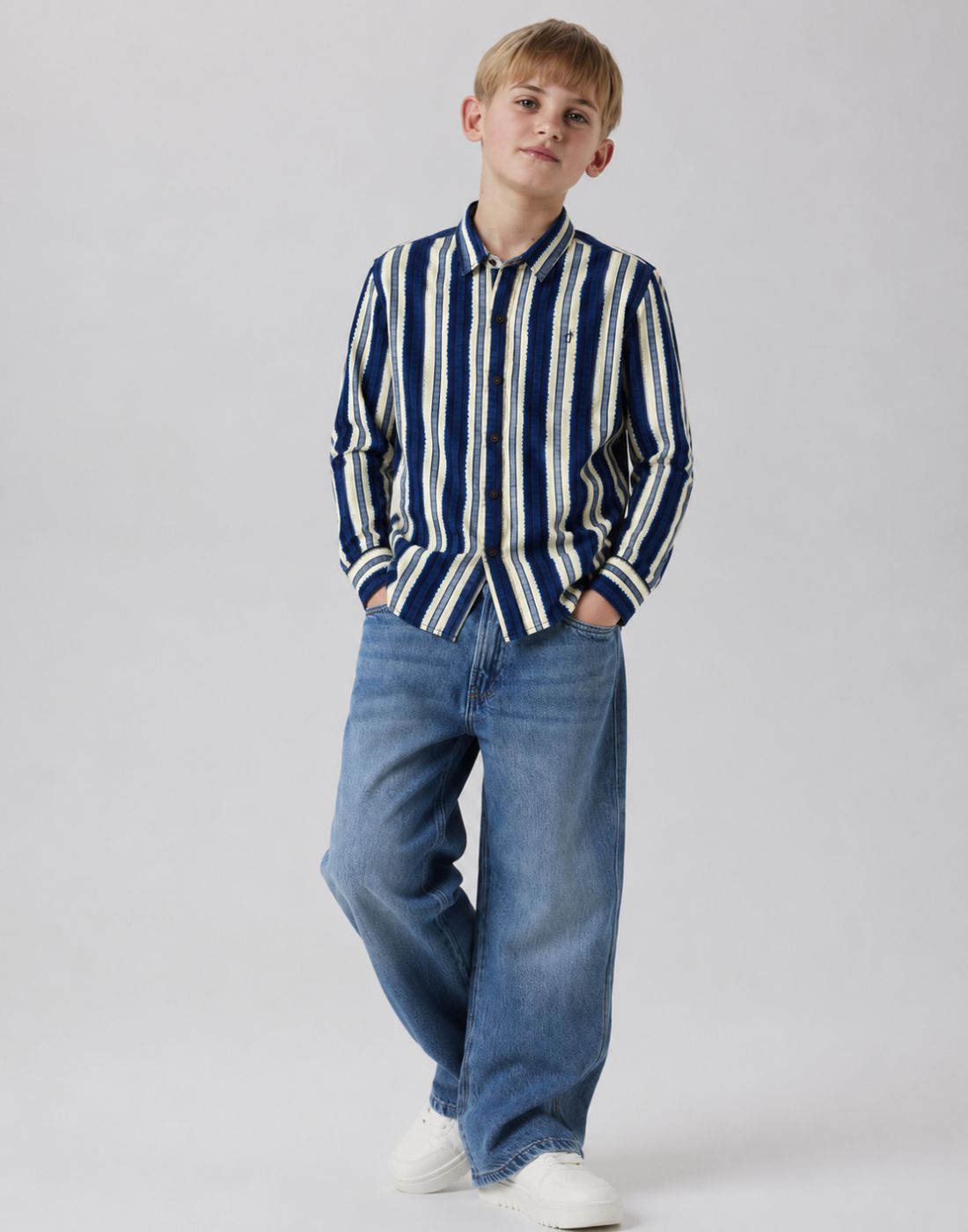 Boys Navy Blue Stripes Full Sleeve Shirt