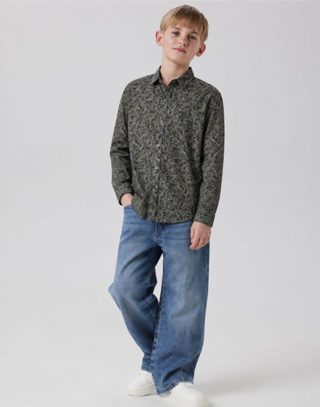 Boys Olive Tropical Print Full Sleeve Shirt
