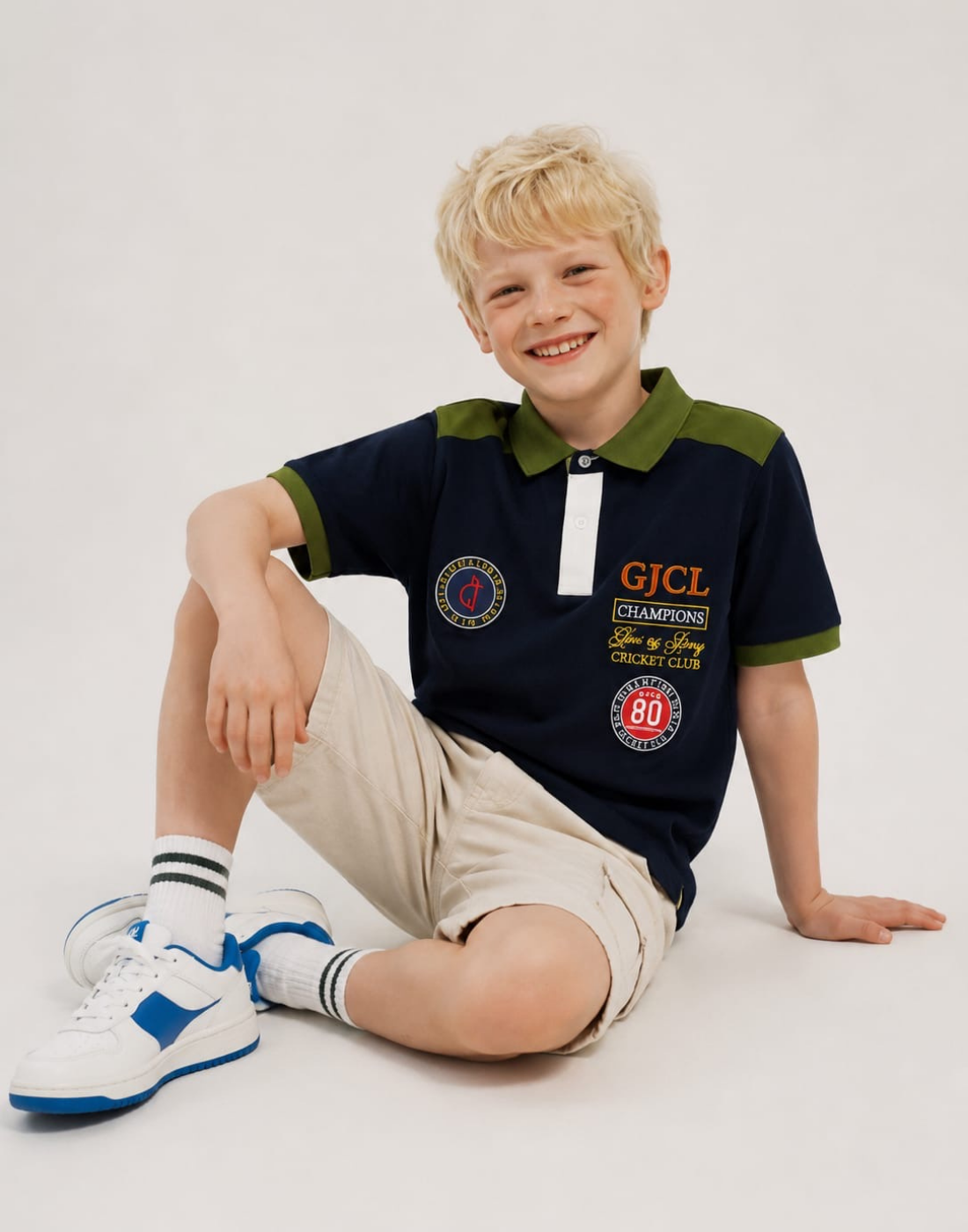 Boys Navy Blue Cotton Color Block Polo T-Shirt