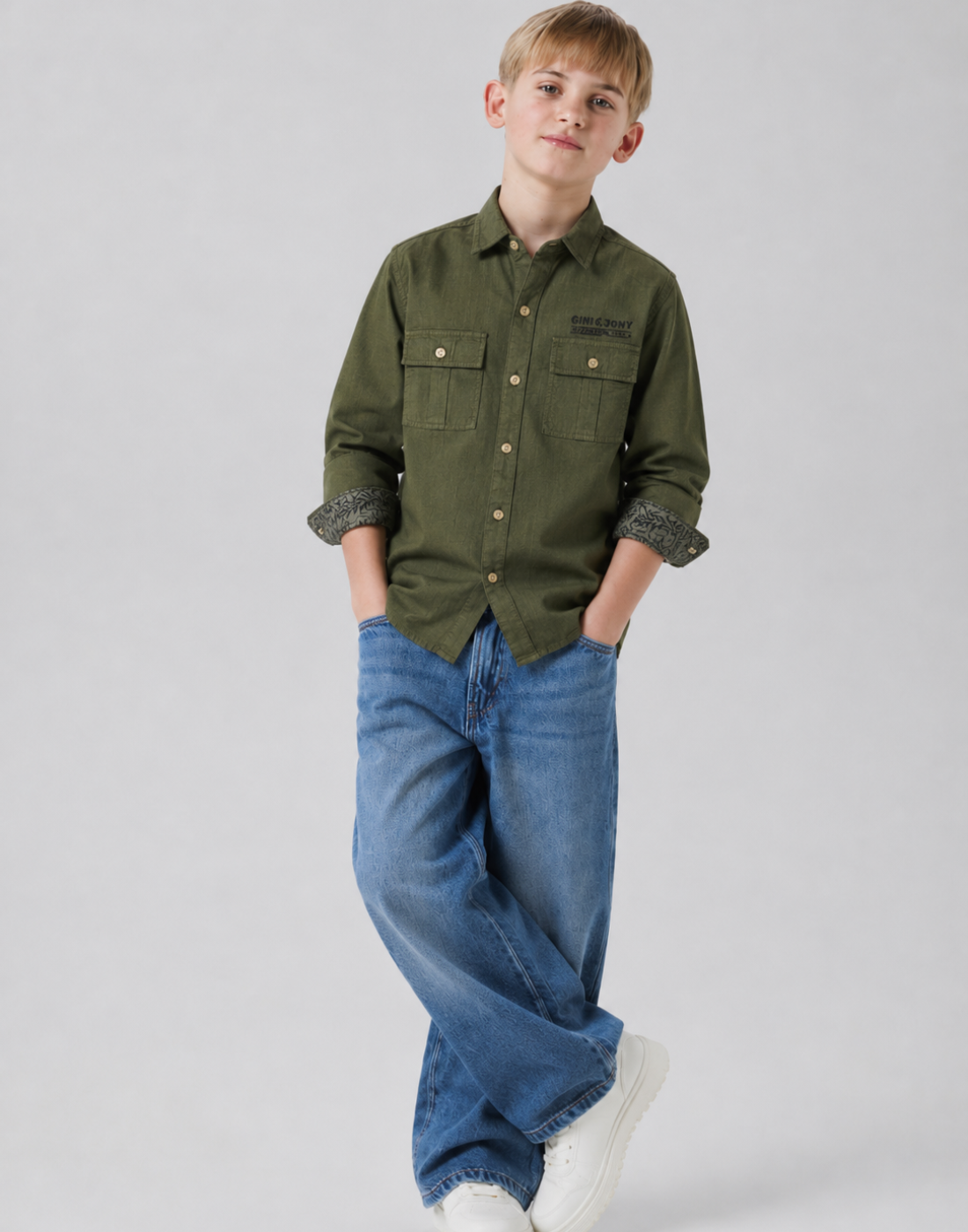 Boys Olive Solid Full Sleeve Shirt